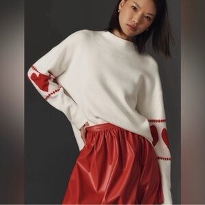 Maeve Anthropology Carys Mock Neck Cream Sweater with Red Heart Sleeve Detail 3x